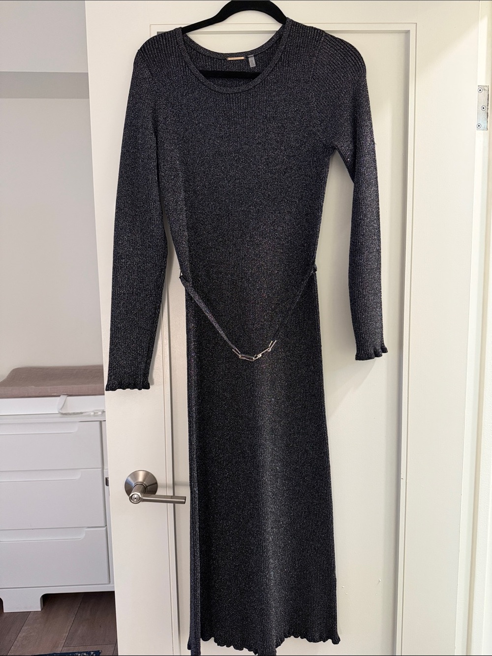 Elie Tahari Long-Sleeve Metallic Knit Maxi Dress in Dark Gray